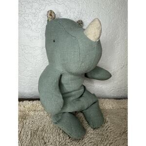 Maileg Safari Friends Rhino Green Blue Linen Plush Stuffed Animal Soft Toy 8”